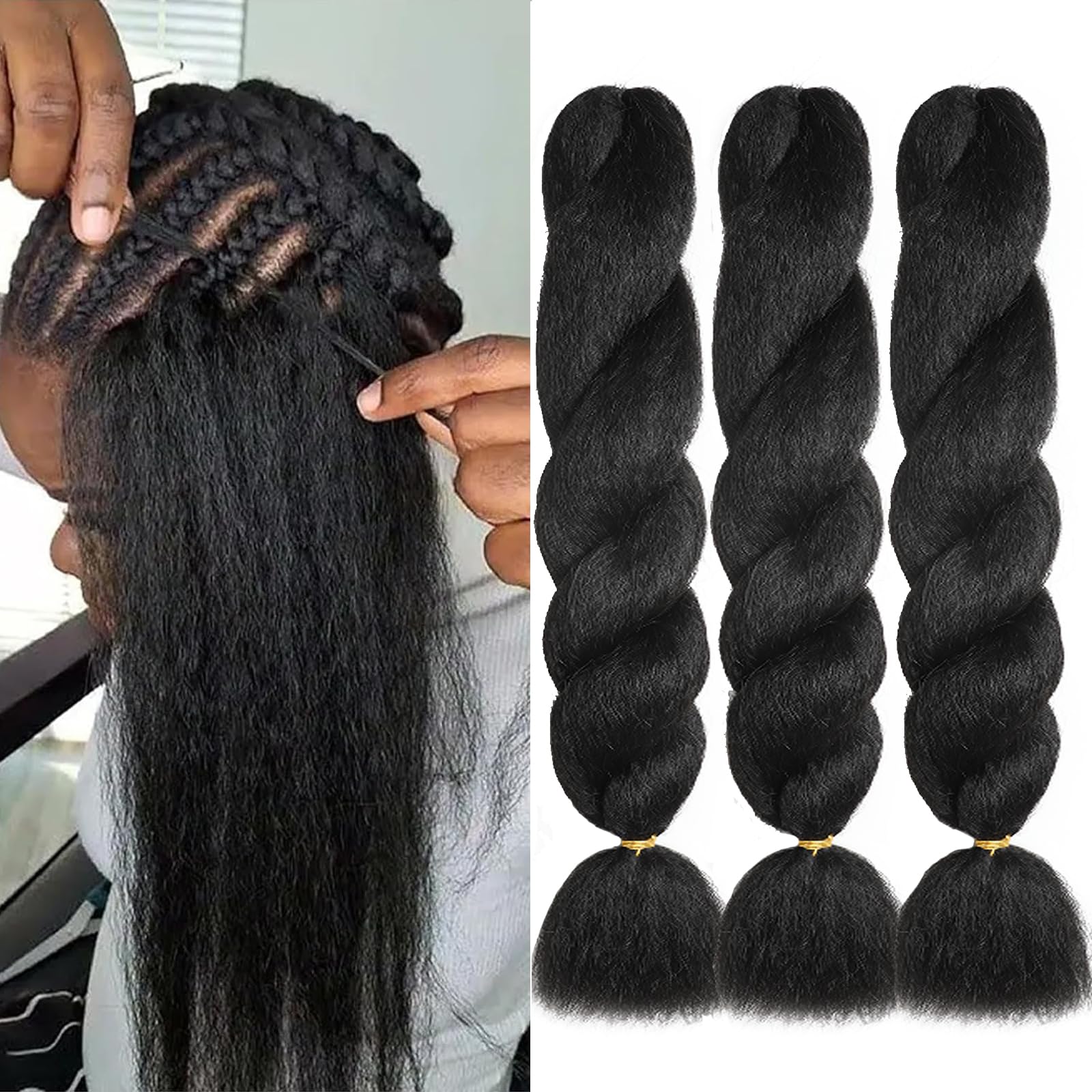 Photo 1 of 26 Inch Kinky Straight Vixen Crochet Hair Bundles – Natural Black Yaki Premium Synthetic Fibers for Black Women Hair Extension(1B#, 26inch(pack of 3)