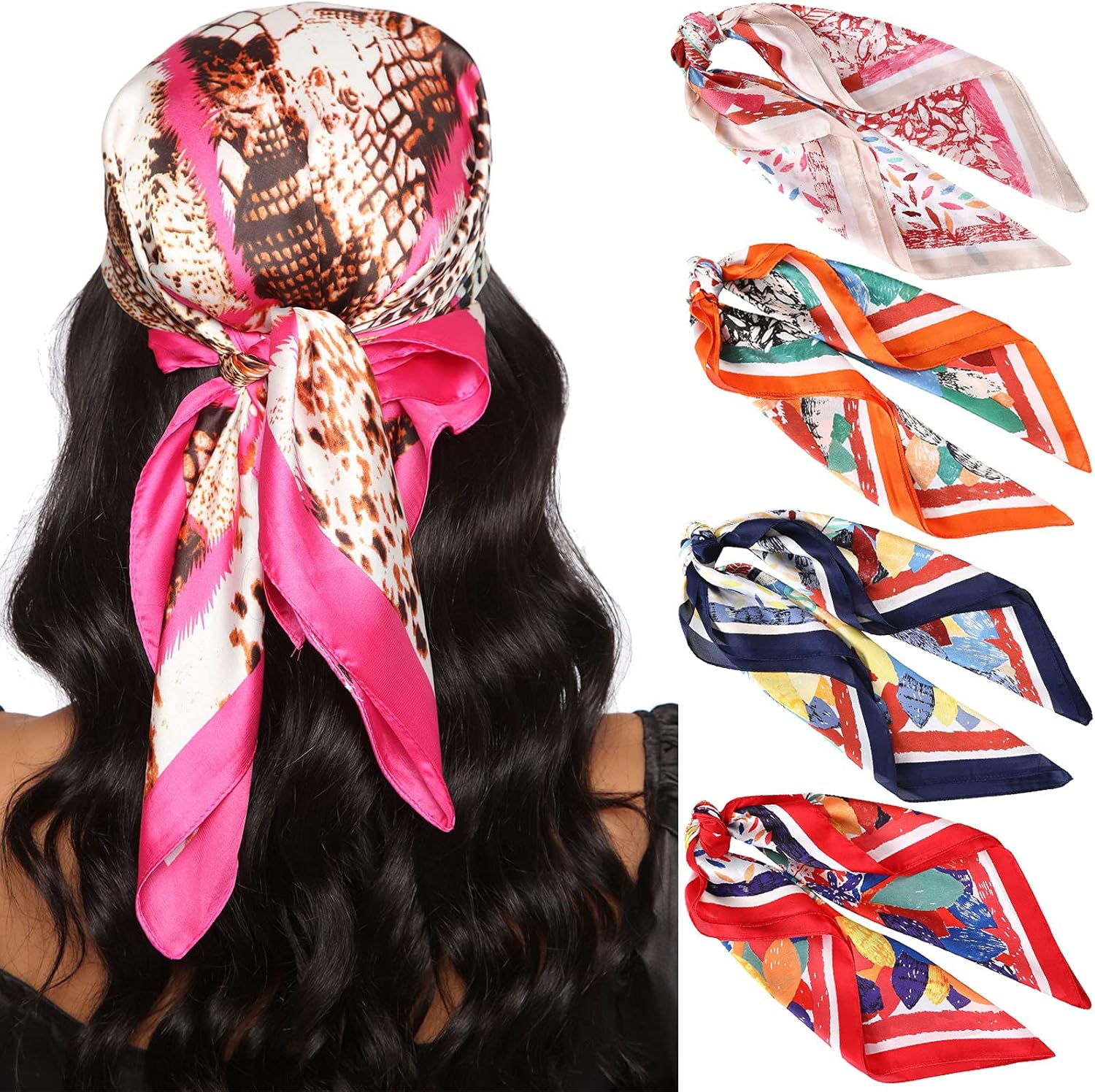 27.5” Silk Satin Square Head Scarf - 4PCS Satin Head Scarves for Women Hair Bandanas Sleeping Head Wraps Neck Scarf Head Kerchief (Flowering Leaves (Beige/Orange/Navy/Red)) at  Women’s Clothing store