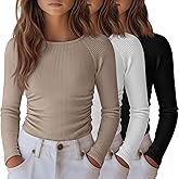 LessonZoo 3 Pack Girls Long Sleeve Shirts Ribbed Knit Draw Pleats Tops Slim Fit Crew Neck Cotton Undershirts Cute Sizes 5-14
