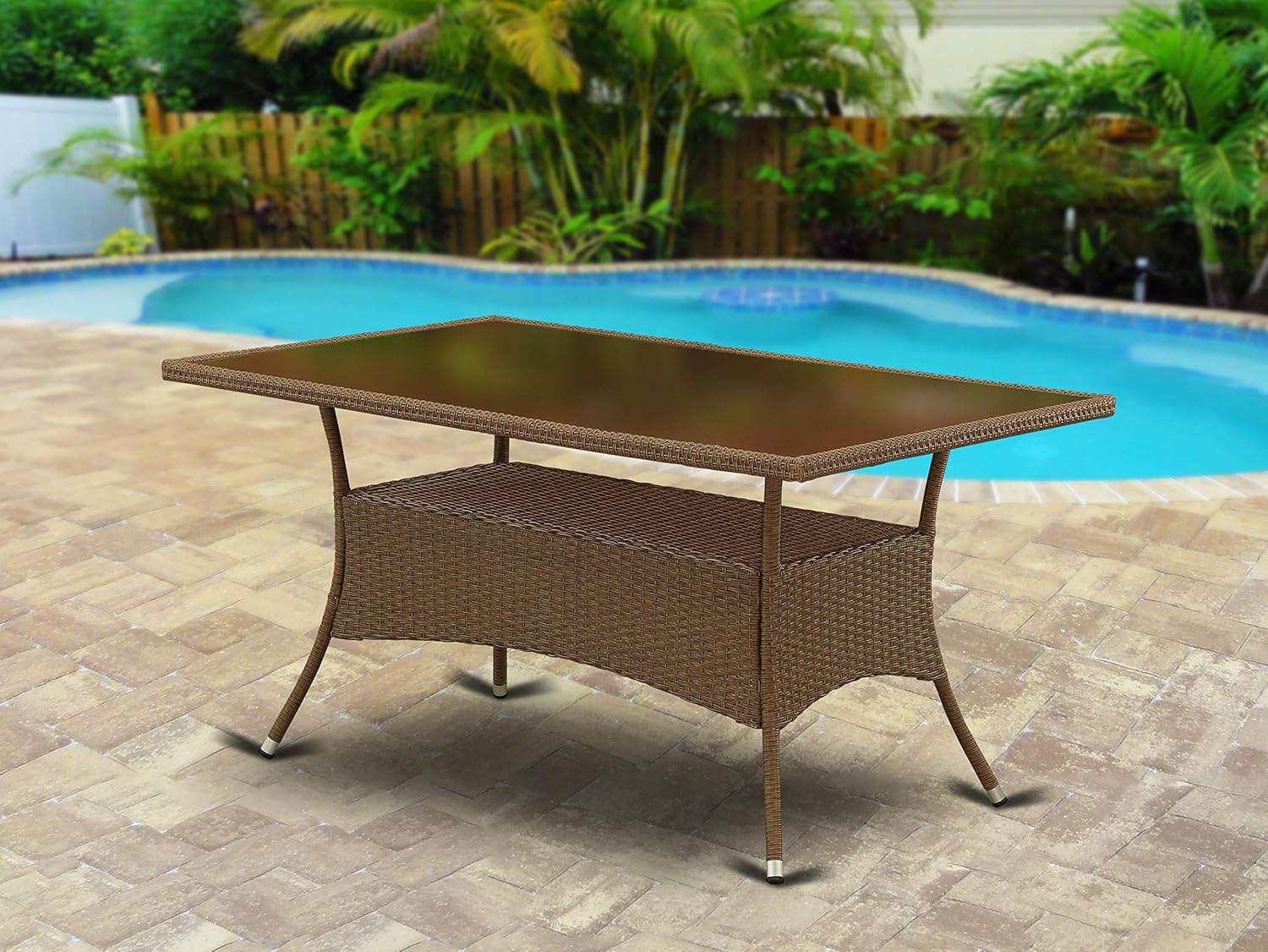 East West Furniture OSOS502A 5Pc Outdoor Brown Wicker Dining Set Includes a Patio Table and 4 Balcony Backyard Armchair with Linen Fabric Cushion: Furniture & Decor
