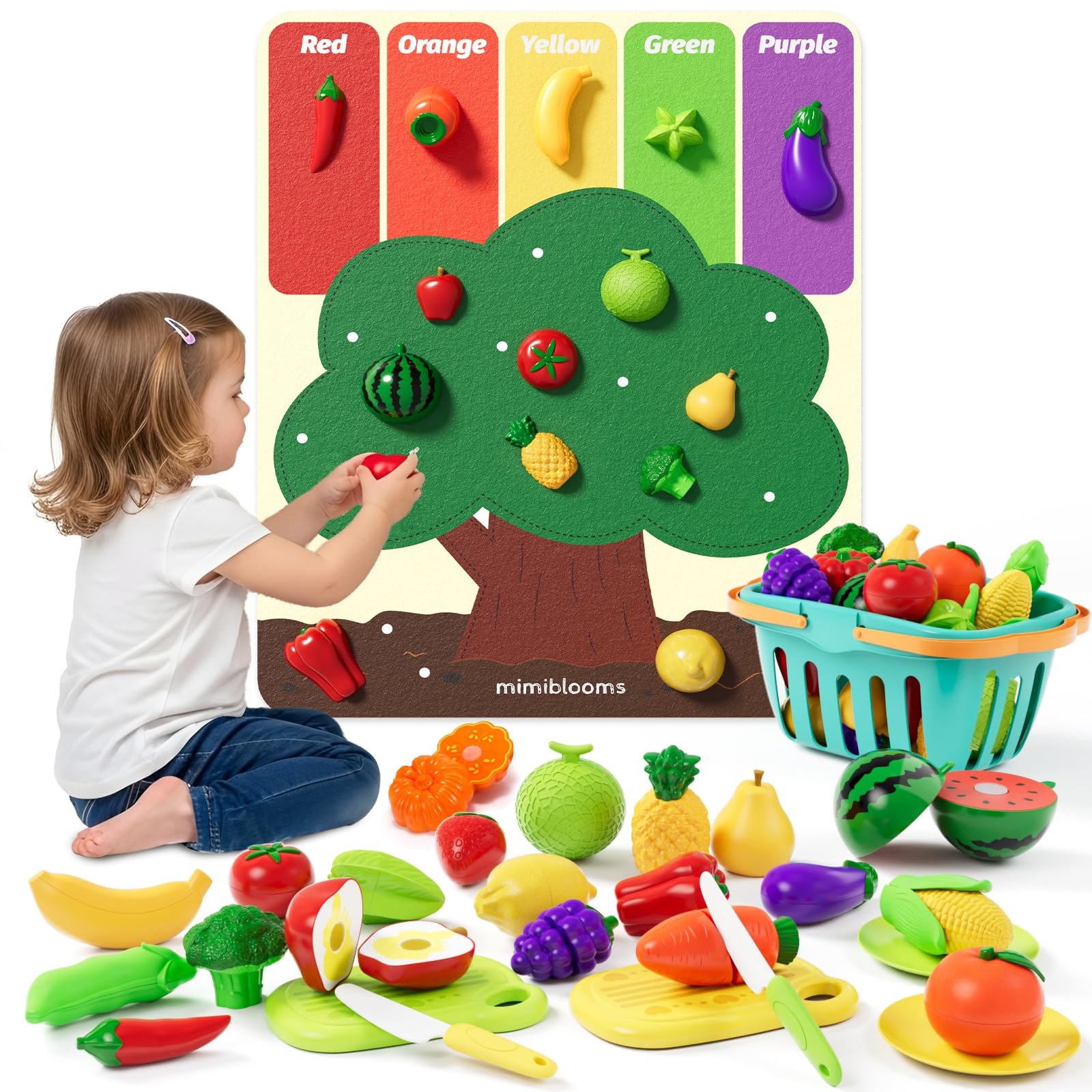 Photo 1 of Mimiblooms Play Food Set with Cutting Fruits&Felt Tree Mat, Pretend Food Play Kitchen Accessories, Toy Kitchen Food Playset for Toddlers, Preschool Learning Toys for Kids Ages 3 4 5 6 Boys Girls Gift