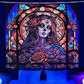 RILACON Day of The Dead Black Light Reactive Tapestry Rose Suger Skull Wall Hanging Tapestry Glow in the Dark Church Skeleton Poster Trippy Wall Art Decor for Bedroom Living Room