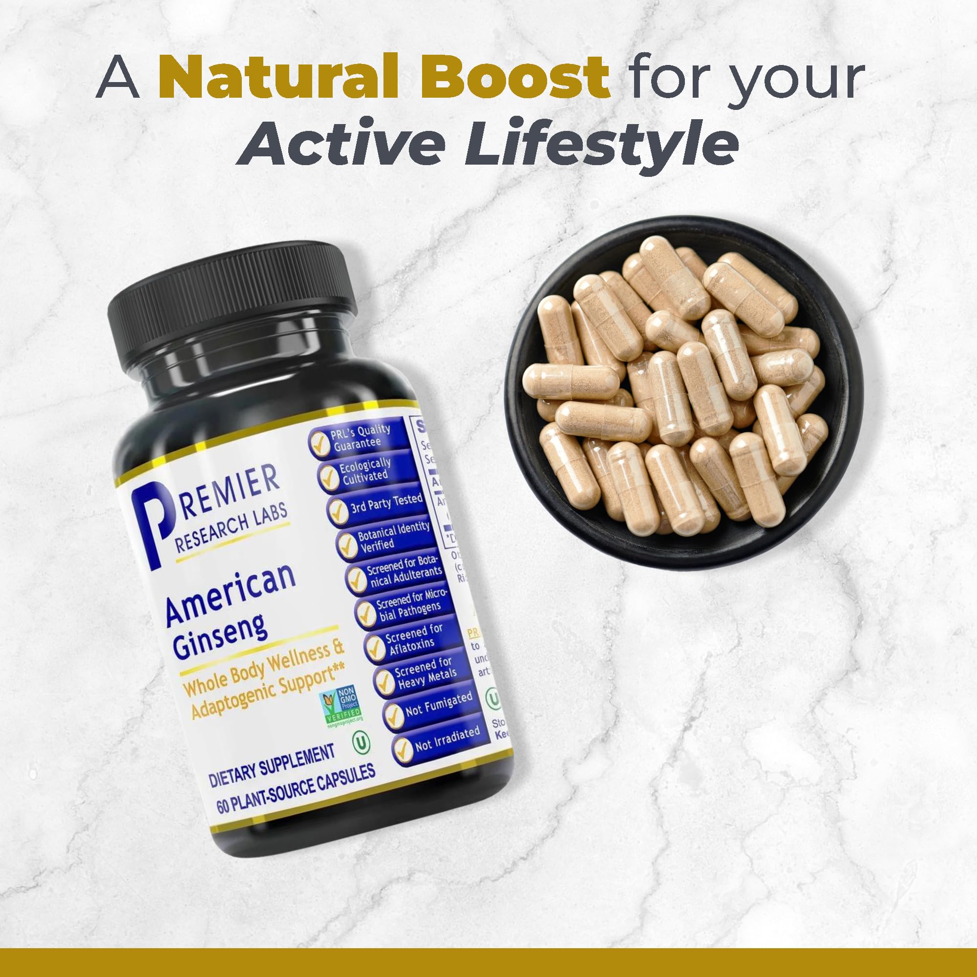 Premier Research Labs American Ginseng Supplement - American Ginseng Capsules, Herbal Ginseng Root Pills, North American Ginseng Herb Extract, Calming Energy Supplement - 60 Plant-Based Capsules