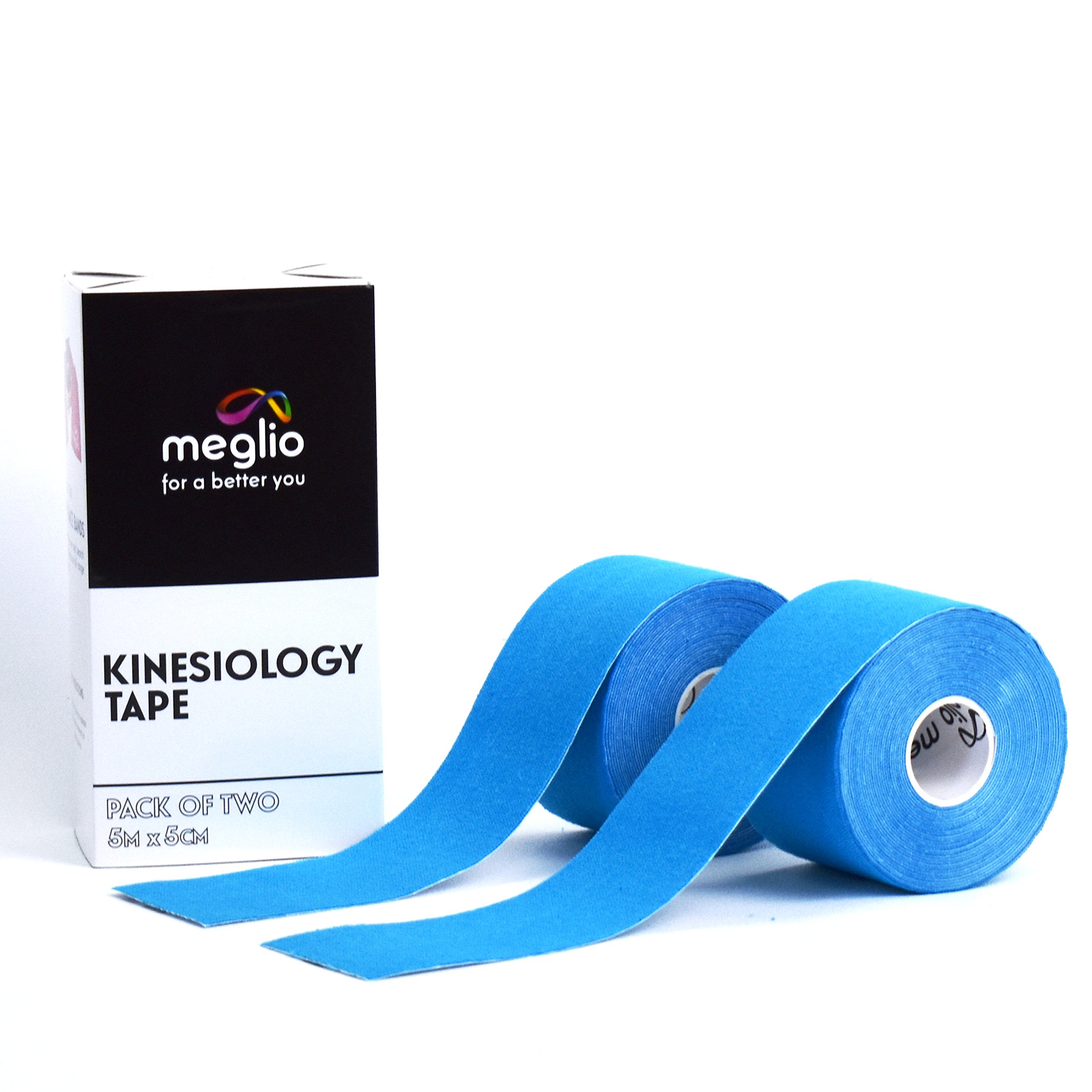 Meglio Kinesiology Tape - Uncut 5m Roll Sports Tape Strapping for Injuries, Support Muscle Tape, K Tape, Physio Tape, Trans Tape, Athletic Tape, Breathable & Waterproof | (Blue) 2 Rolls