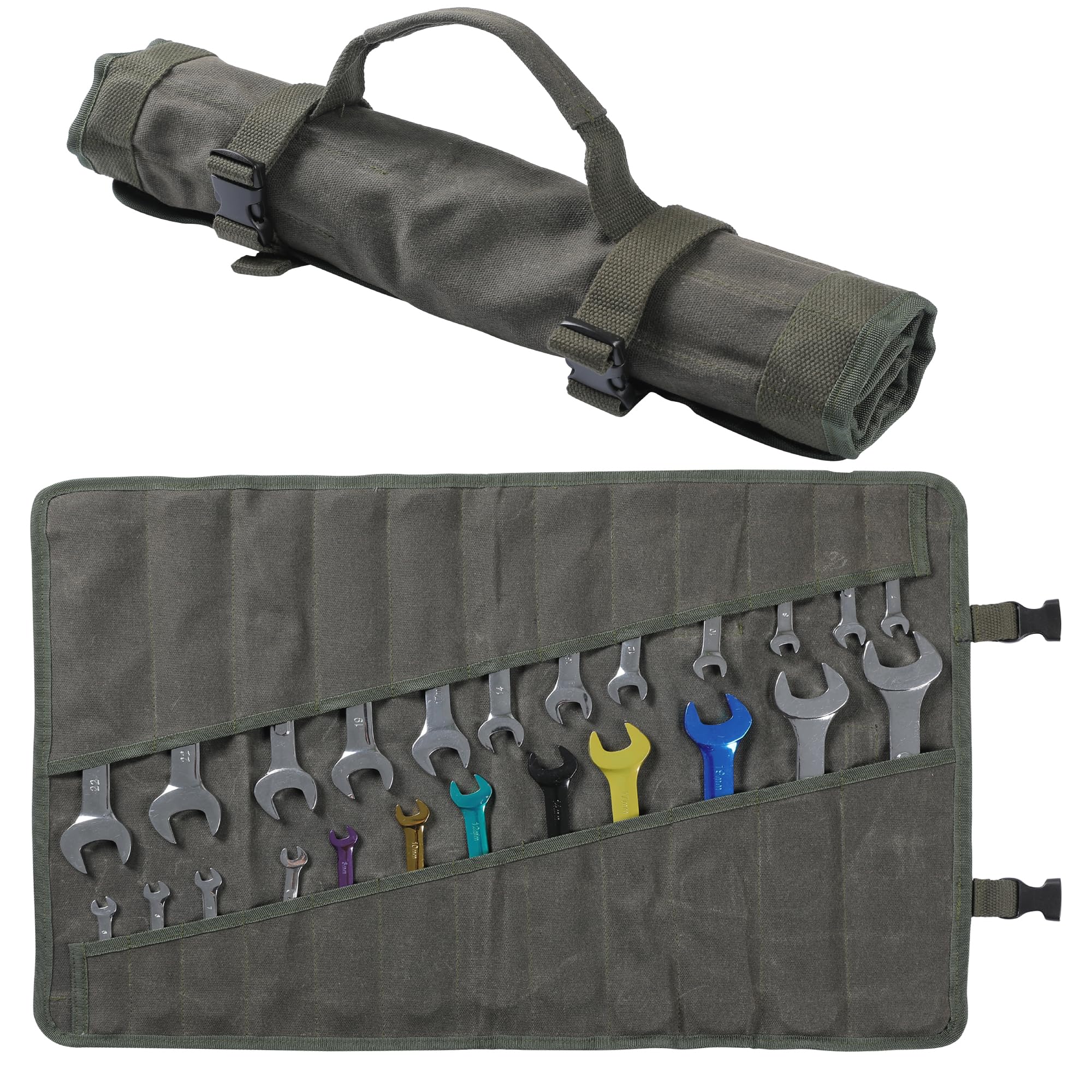 Wrench Roll Up Organizer Pouch, Heavy Duty 16oz Waxed Canvas Tool Bag, 24 Pockets Tool Roll Bag with Buckle