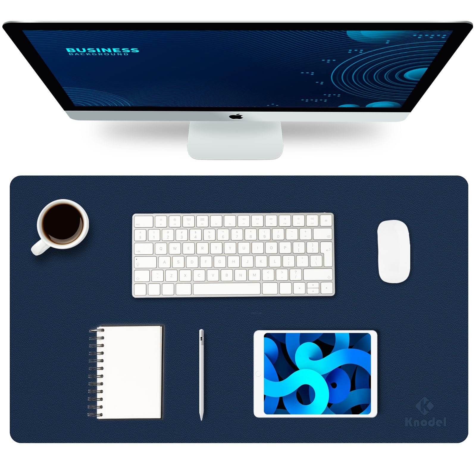 K KNODEL Small Office Leather Desk Mat, Mouse and Keyboard Pad, Computer and Laptop Mat, Desktop Protector and Cover, Writing Pad and Blotter (60x35cm, Dark Blue)