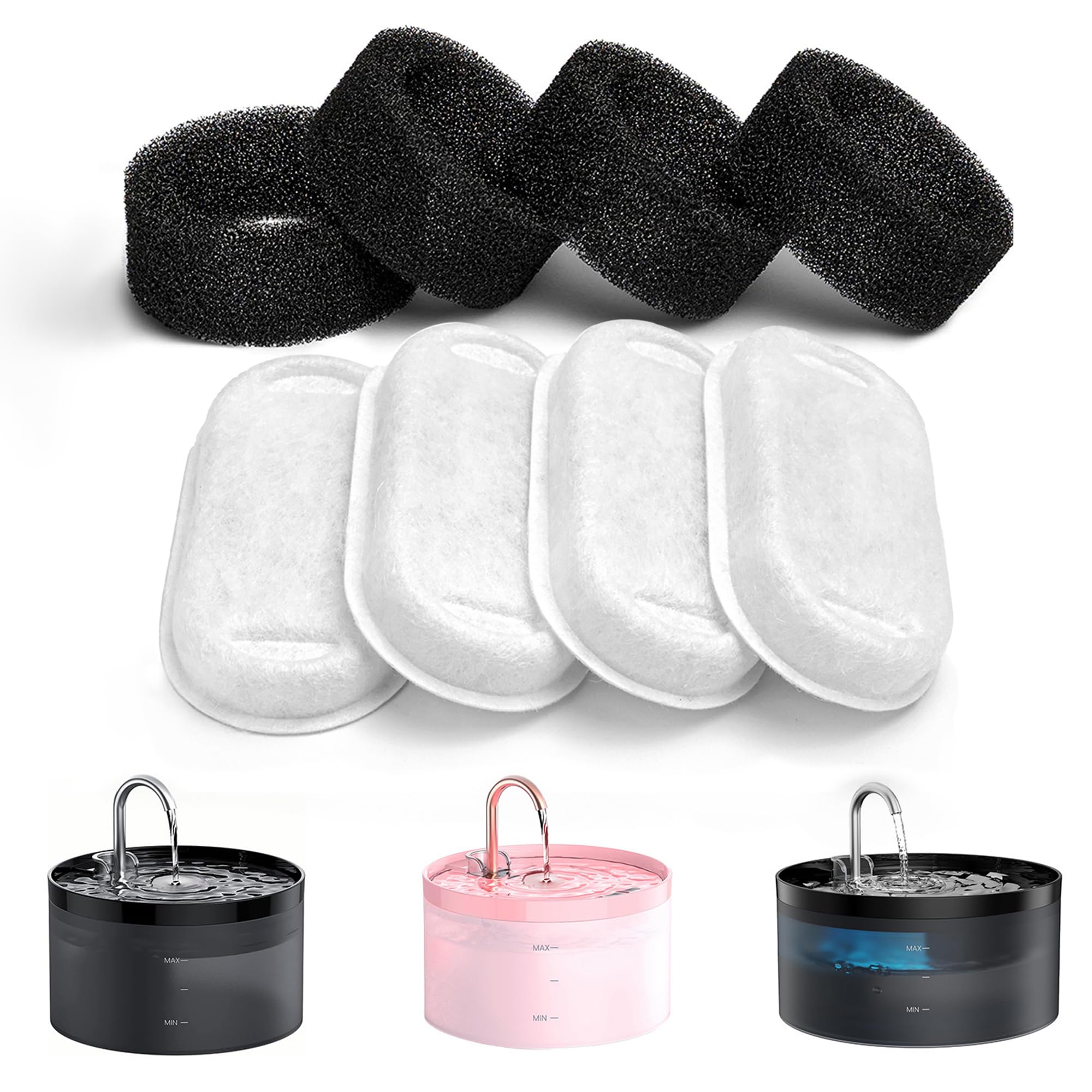 GIOTOHUN Cat Water Fountain Filters, 4 Pieces of Filters + 4 Pieces Sponges of Cat Fountain, Filter Loose Hair (Sponges), Triple Filtration (Filters), Suitable for H1, White