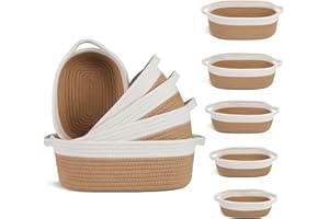 VOOWO Set of 5 Woven Rope Baskets for Storage, Organizing, Nursery, Shelves - Small Baskets for Gifts Empty (Off White & Jute)