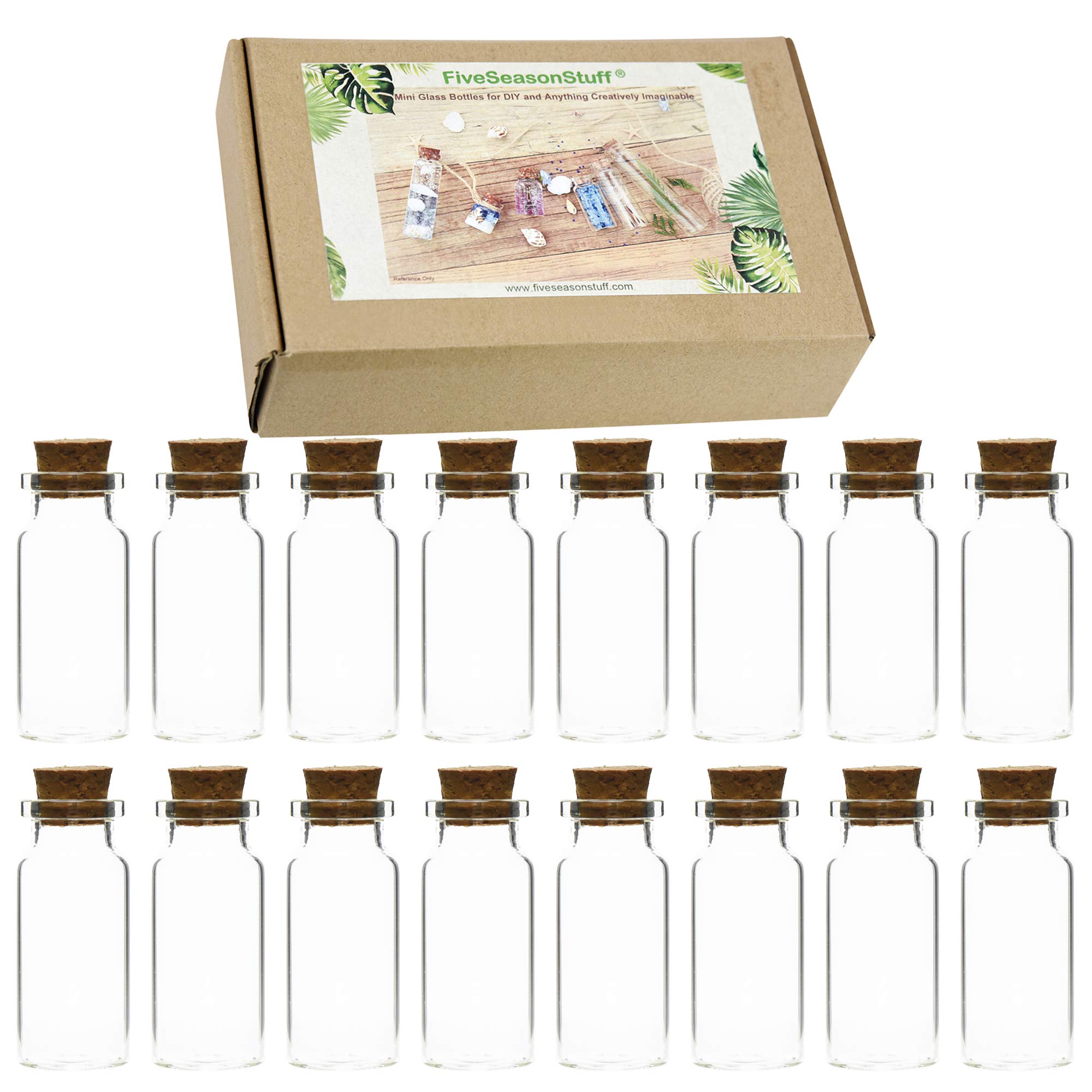 FiveSeasonStuff 10ml (21 Pcs) Small Transparent Glass Bottles/Jars with Cork Stoppers for Scents, Oils, Spices, Wedding, Jewelry, Message, Party Favors etc