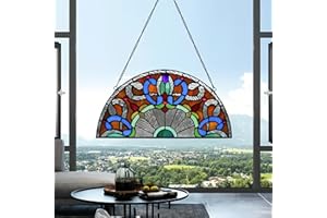 YOURANJU Half Moon Stained Glass Window Hanging Tiffany Style 16" x 8" Half-Round Window Panel Housewarming Gift Living Room Bedroom Kitchen Window Decorative Hangings with Chain (Baroque)