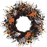 Hyndora 24 Inch Spooky Halloween Wreath for Front Door, Gothic Halloween Wreath with Skulls, Skeleton Hands, Spiders, Orange Purple & Black Berries, Eerie Seasonal Decor for Halloween Party