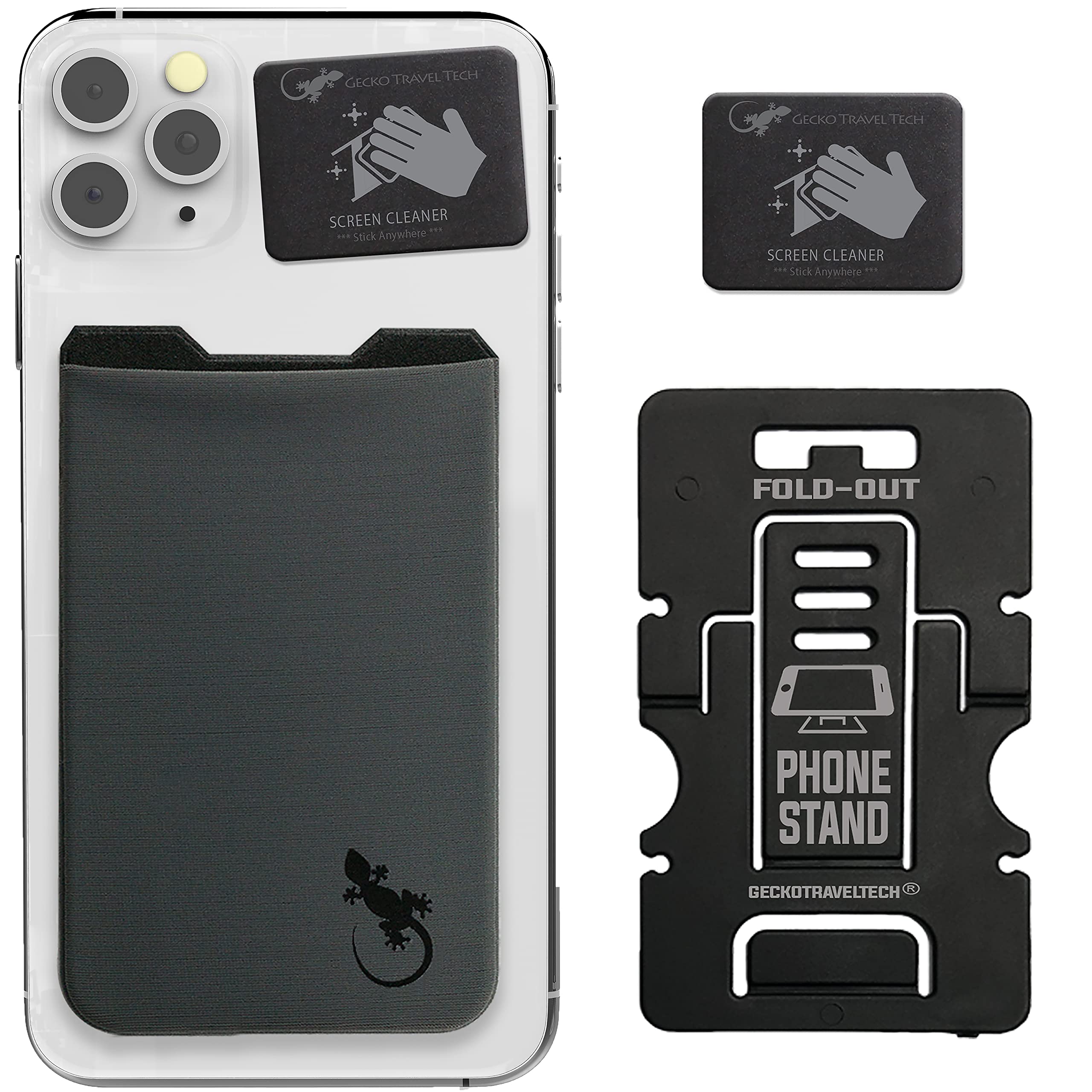 Gray Gecko Phone Case Card Holder Stick On - Gray Black Adhesive Phone Wallet - Stretchy Pocket with Bonus Stand & Screen Cleaner