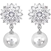 Hiqmic 925 Sterling Silver Post Snowflake Zirconia Pearl Dangle Drop Earrings Ear Stud White Gold Plated Fashion Women Jewelry Gift, WK90052