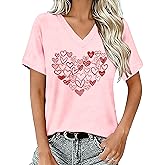 Wlen Valentines Shirts for Women Valentine Heart V Neck T-Shirt Love Heart Tee Tops