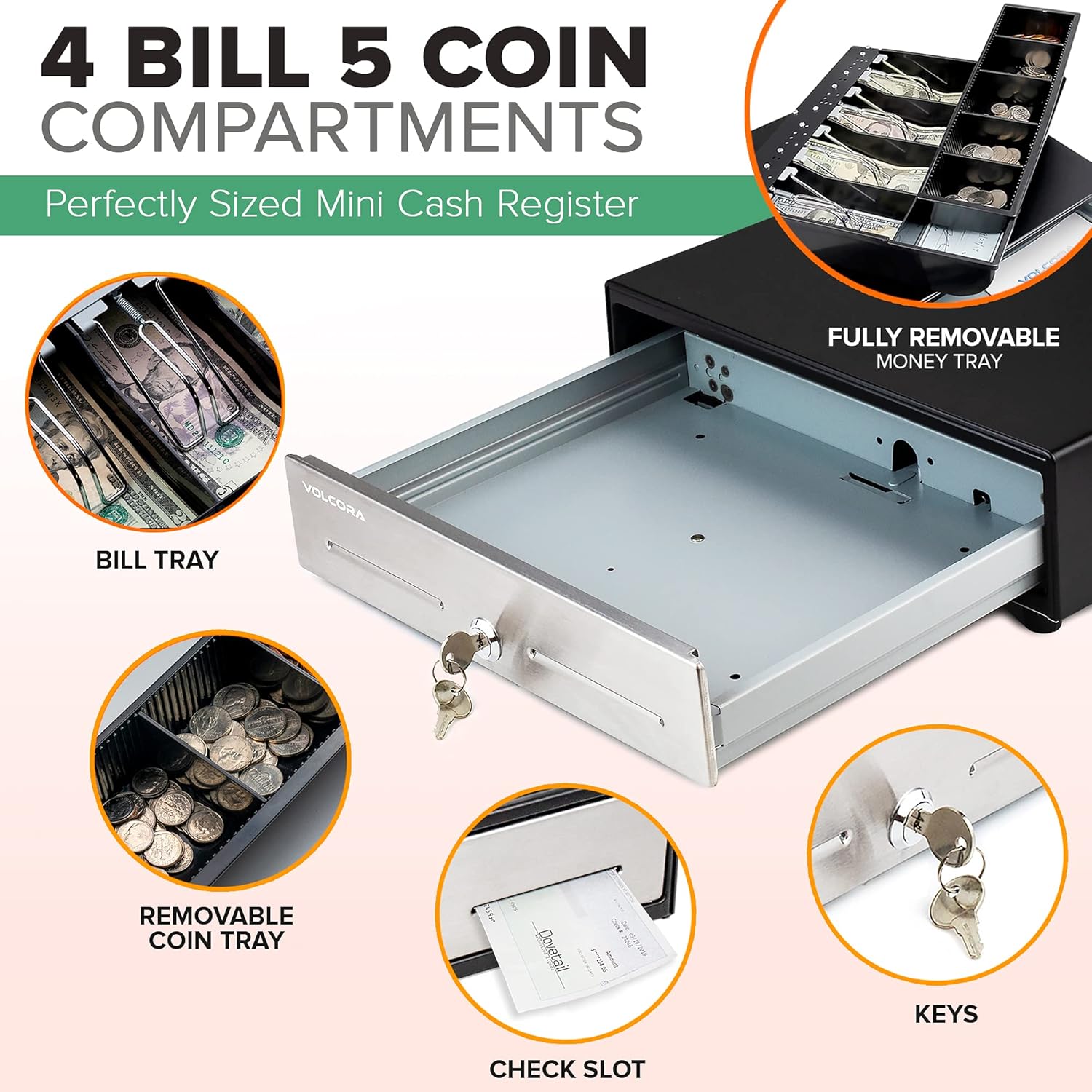13" Manual Push Open Cash Register Drawer for Point of Sale (POS) System - Black with Stainless Steel Front Touch Panel - Small Cash Drawer with 4 Bills and 5 Coin Slots, Fully Removable Money Tray : Electronics