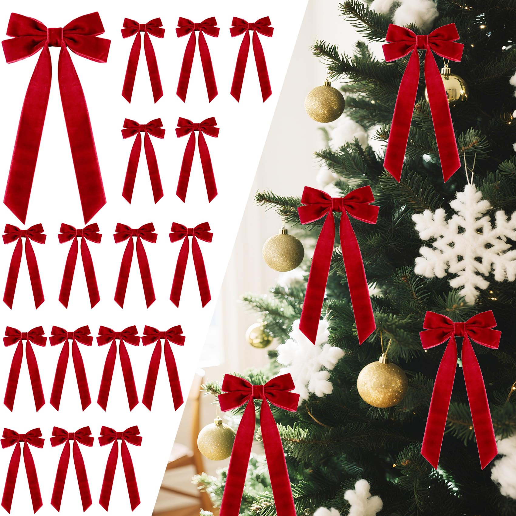 Photo 1 of 16Pcs Velvet Ribbon Bows for Christmas Tree, Vintage Rustic Small Craft Bows Ornaments for Garland Wreath Gift Wrapping Candy Bags Party DIY Decorations (Red, 5" x 10", Width of 1")