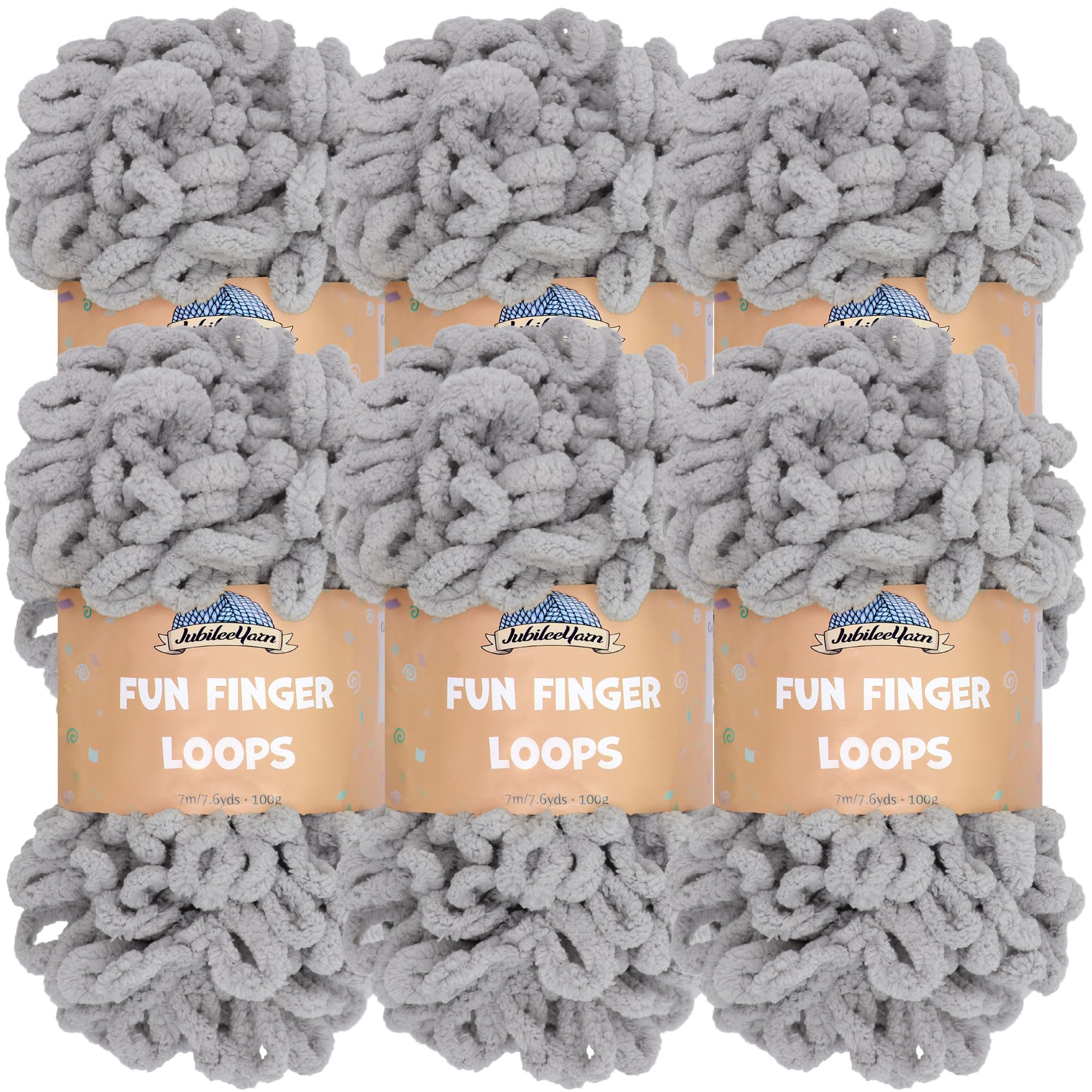 JubileeYarn Fun Finger Loops Yarn - Polyester Jumbo Weight Loop Yarn - 100g/Skein - Light Grey - 6 Skeins