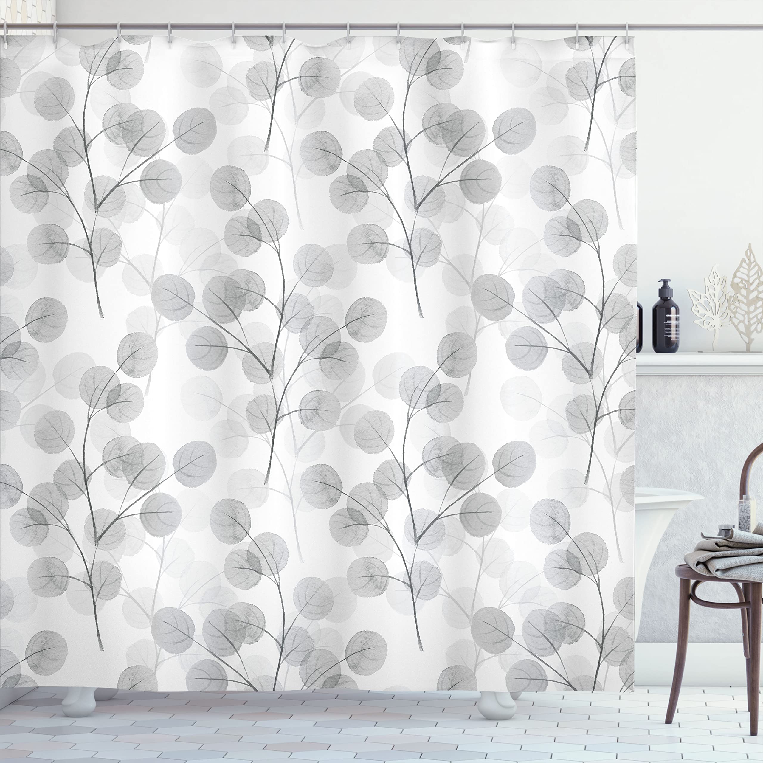 Photo 1 of Ambesonne Nature Shower Curtain, Soft Colored Bay Leaf Watercolor Branches Growth Essence Image Print, Cloth Fabric Bathroom Decor Set with Hooks, 69" W x 75" L, Grey White
