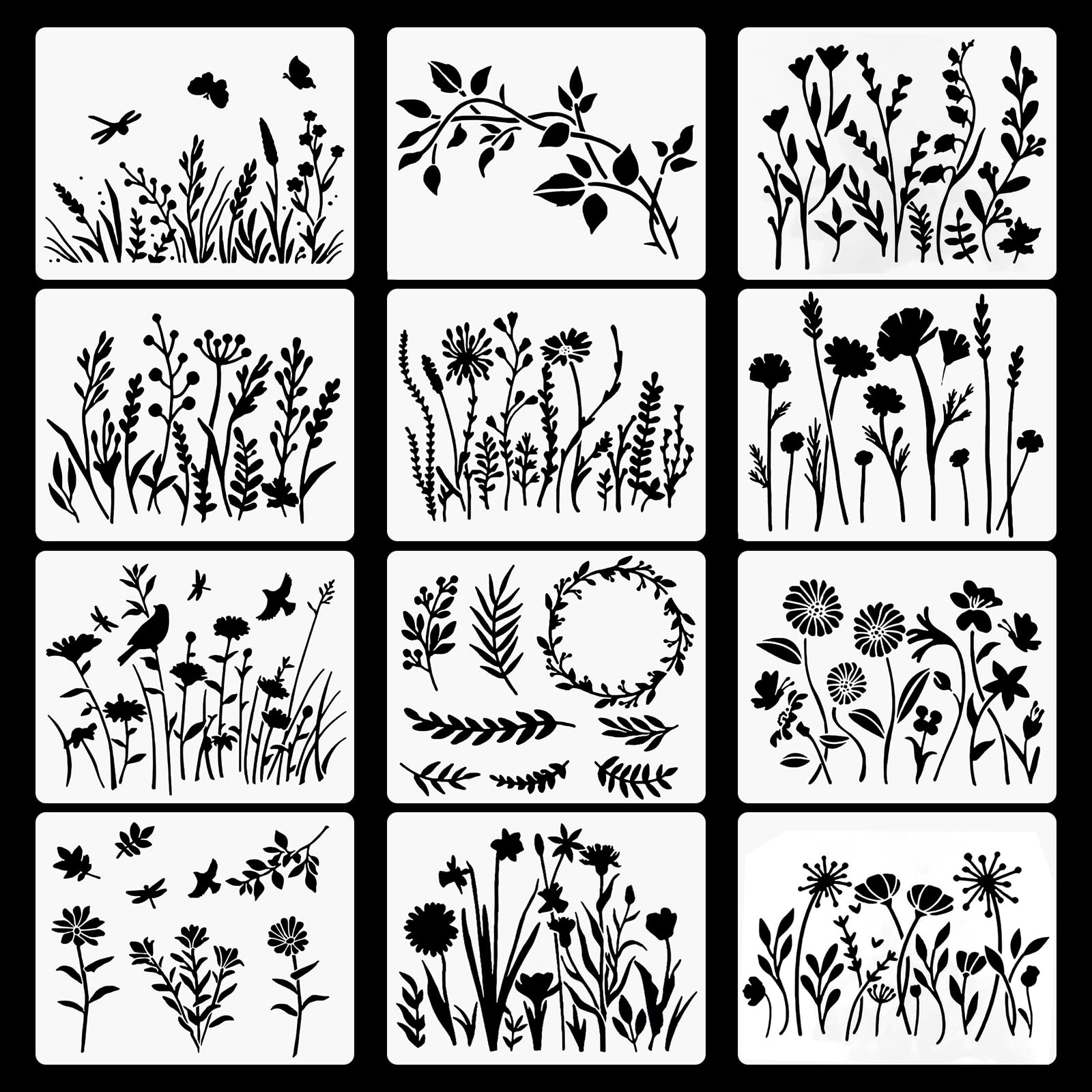ZOCONE Flower Painting Stencils, 12 PCS Flower Leaf Drawing Stencil Wildflower Art Painting Templates Stencils for Paintings on Wood/Canvas/Wall/Scrapbooking, DIY Drawing Template