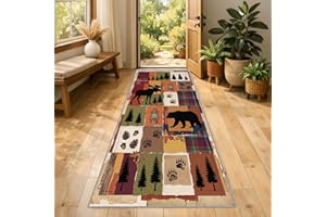 Country Lodge Rugs for Hallways 3x8ft Rustic Cabin Animal Print Runner Rug, Bear Moose Pine Tree Pattern Hallway Rug, Vintage
