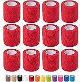 12 Pack Self Adhesive Bandage Wrap, 2 in x 5 Yards Non-Woven Self Adherent Cohesive Bandage, Vet Wrap Wound Tape for Thumb Finger Wrist Knee Ankle, Red