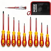 10-Piece 1000V Insulated Screwdriver Set, Magnetic Tip Electrician Screwd | 9 insulated screwdrivers (5 slotted, 4 Phillips), voltage tester &amp; zippered carry case; magnetic tips