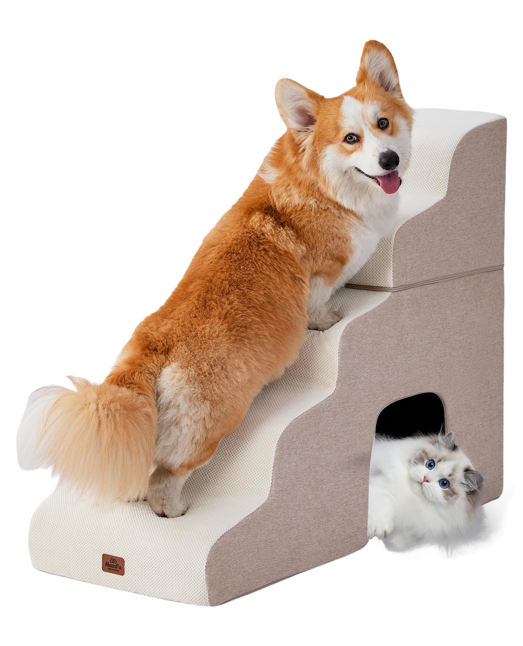 Photo 1 of Beige Curved Dog Stairs Ramp for High Beds 28.7" H, 5-Step Dog Steps for Small Dogs and Cats, Pet Stairs for High Bed Climbing, Non-Slip Balanced Pet Step