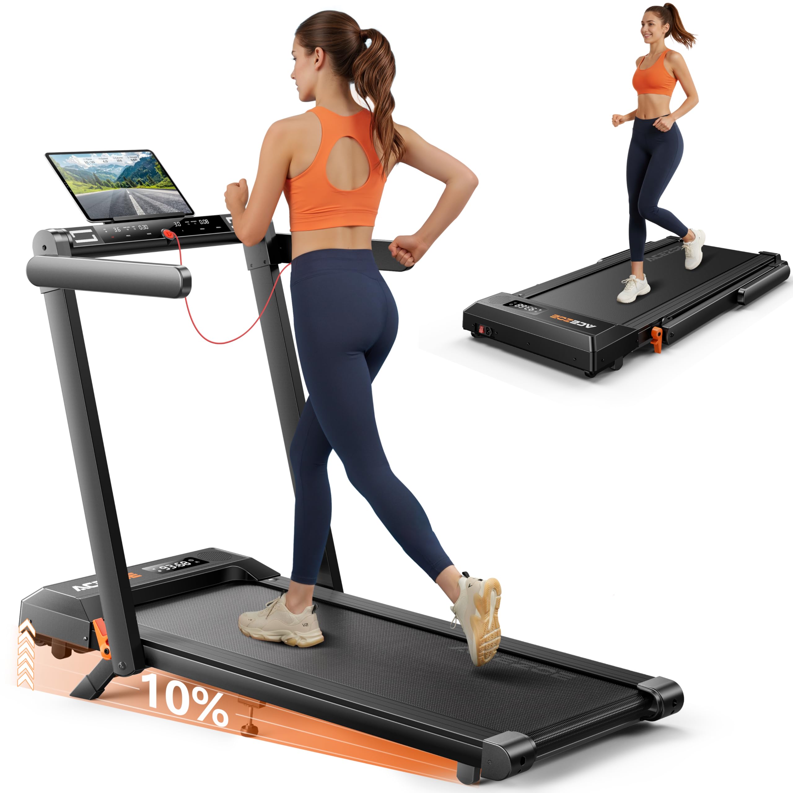 Photo 1 of Acezoe Foldable Treadmill with 10% Incline, 2.5HP Walking Pad with Handle Bar, 300 lb Capacity Treadmills, Under Desk Treadmill with App & Bluetooth Speaker, 0.6-10MPH, LED Display, P10Pro Black Gray