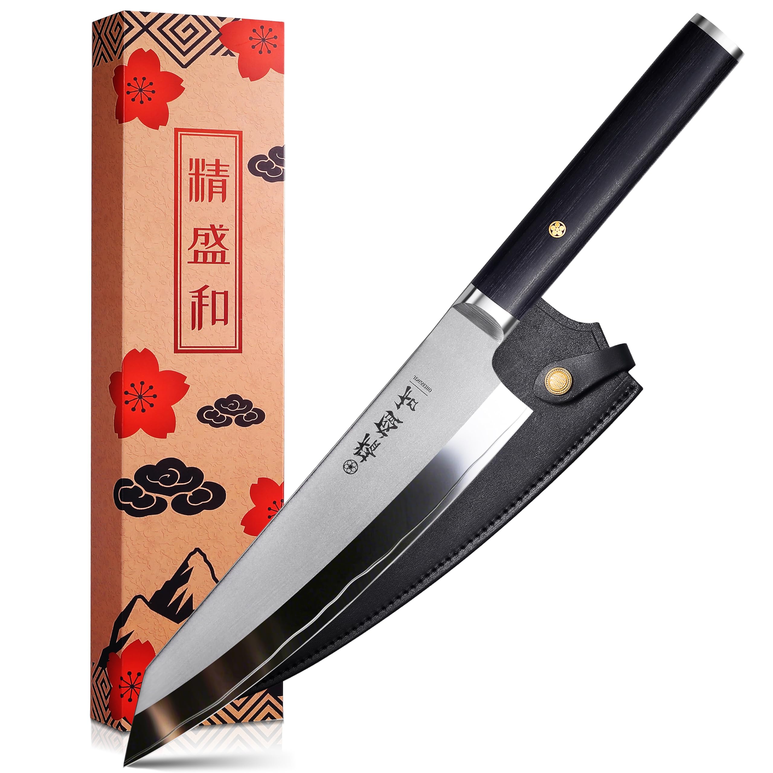 Jingseiho Kochmesser 20 cm, Japanisches Messer mit AUS-10 Kern, Küchenmesser Scharf mit Echtem Leder-Etui, Kochmesser Profi Messer für Hobbyköche und Profis