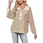 WDIRARA Women's Striped Tee Shirts Button Front Collared Tee Long Dolman Sleeve Oversized Top