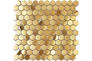Blujellyfish Hexagon Gold Backsplash Tiles Metal Mosaic Tile Stainless Steel Brushed/Shiny Kitchen Bathroom Backsplash Shower Floor Wall Accent Tiles (5 Square Feet)