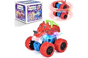 TQBYNJ Dinosaur Toy Gift for 2 Years Old Boys, Pull Back Monster Truck Toy Car, 360° Stunt Car for 2-5 Years Old Toddler, Christmas Birthday Party Gift for 2-6 Years Old Toddler Boys (Red)