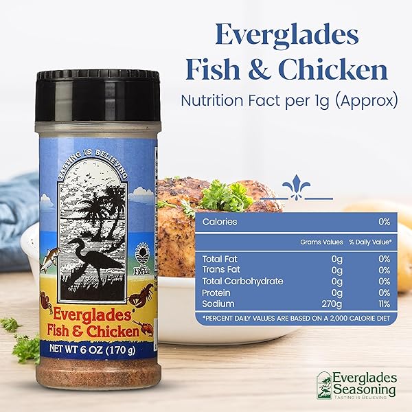 EVERGLADES FISH & CHICKEN SEASONING FOR SHRIMP, FISH, CRAB, LOBSTER & POULTRY USE IN BATTER, BOILS, OR SPRINKLE FOR BROILING & GRILLING MADE IN THE USA 6OZ