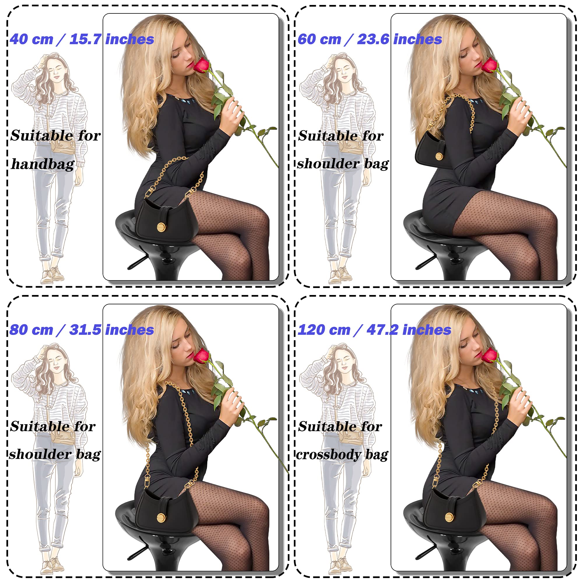 4 Pcs Different Size Purse Chain Strap Cross body Chain Strap Replacement Chain for Handbag Shoulder Bag Purse(15.7/23.6/31.5/47.2 Inches-O chain 0.28 Inch, Gold)