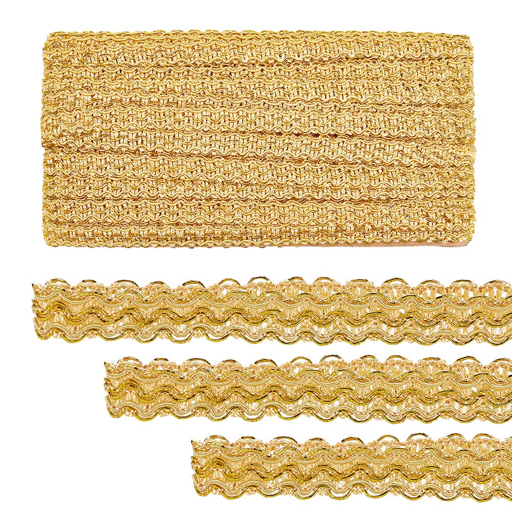 PH PandaHall 12 Yards Golden Braid Lace Trim, 1.5cm Wavy Woven Lace Ribbon Filigree Gimp Braid Trim for Sewing Curtain Upholstery Home Decoration Slipcover Dress Clothes Making