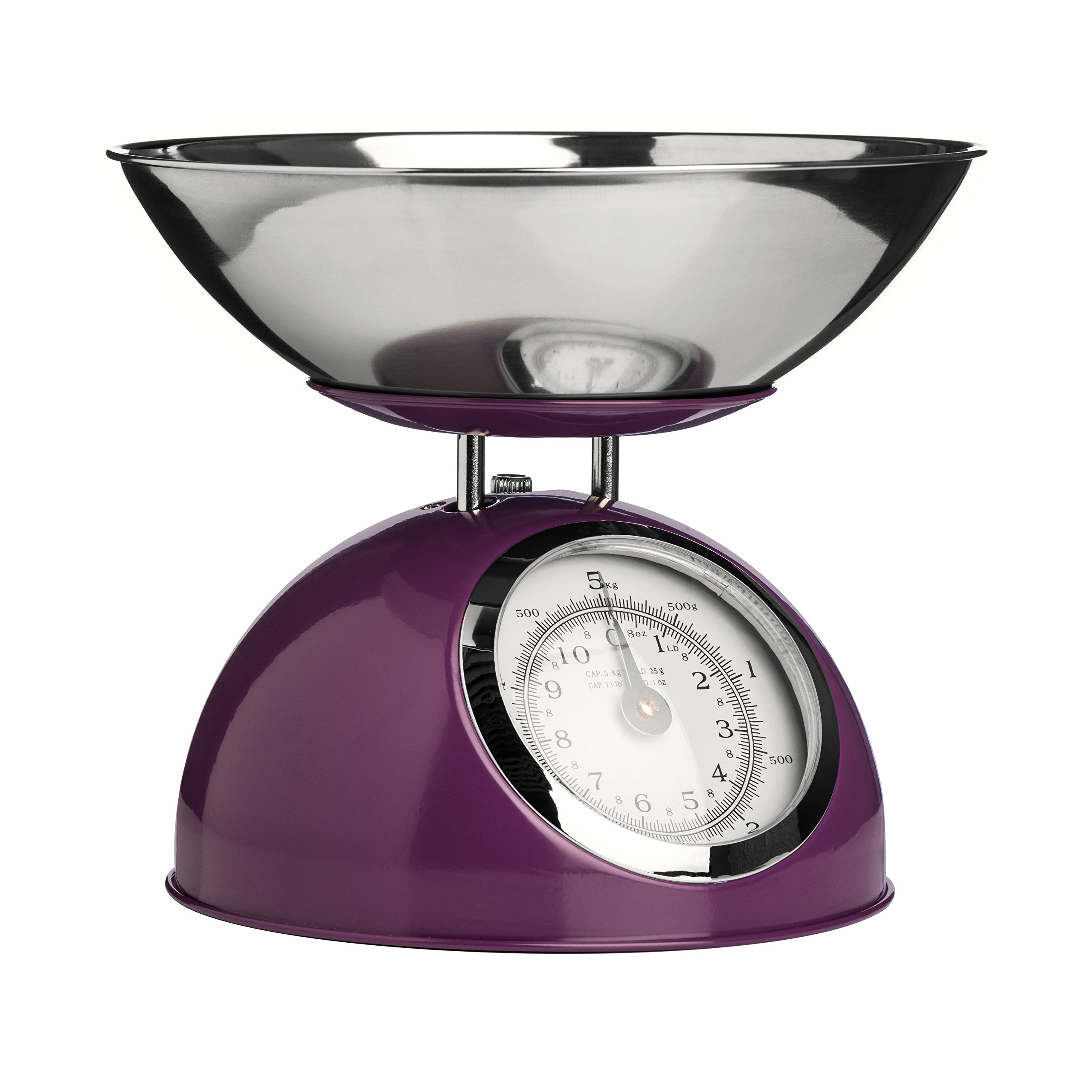 Premier Housewares 807277 Retro Kitchen Scales with Bowl Stainless Steel Food Cooking Scales 5kg Food Scales Weighing Kitchen Scale Bowl Purple 21x24 x24