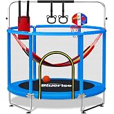 BLUERISE 60" Indoor&amp;Outdoor with Enclosure 5FT Trampoline for Kids Gifts | Indoor&amp;Outdoor Toddler Trampoline，With Enclosure，Basketball Hoop，Swing，Adjustable Gym Bar，No-Gap Design，Gifts for Boys&amp;Girls