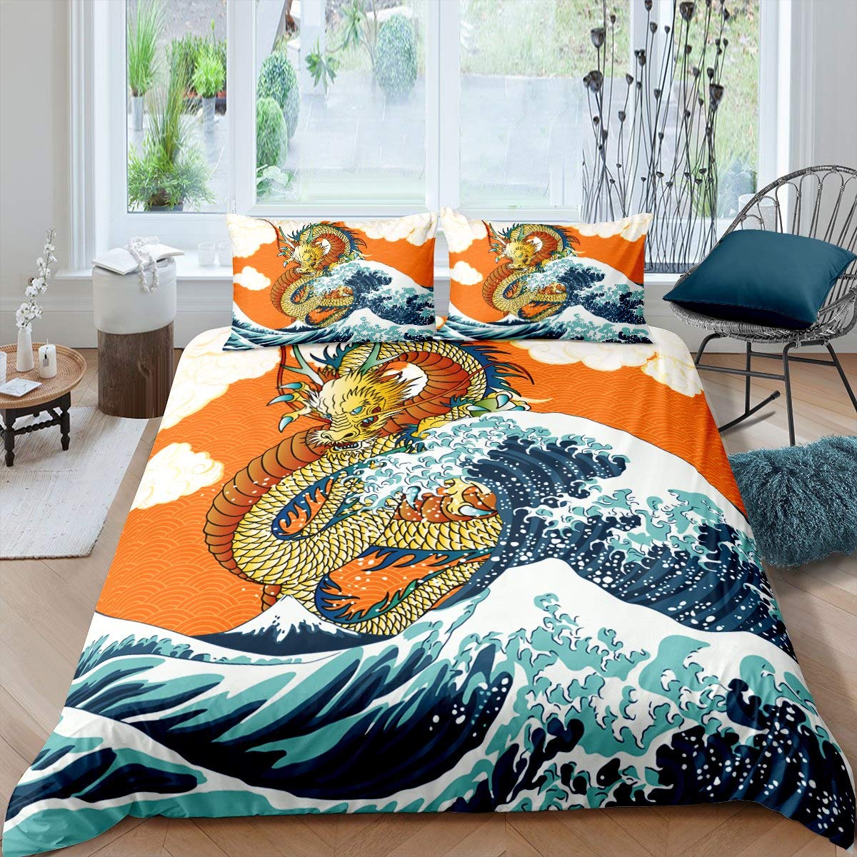 Dragon Duvet Cover Wave Comforter Cover Japanese-Style Wave Bedding Set For Kids Adults Exotic Style Bedding & Linen Ultra Soft Room Decor Single Size Bedclothes Zipper