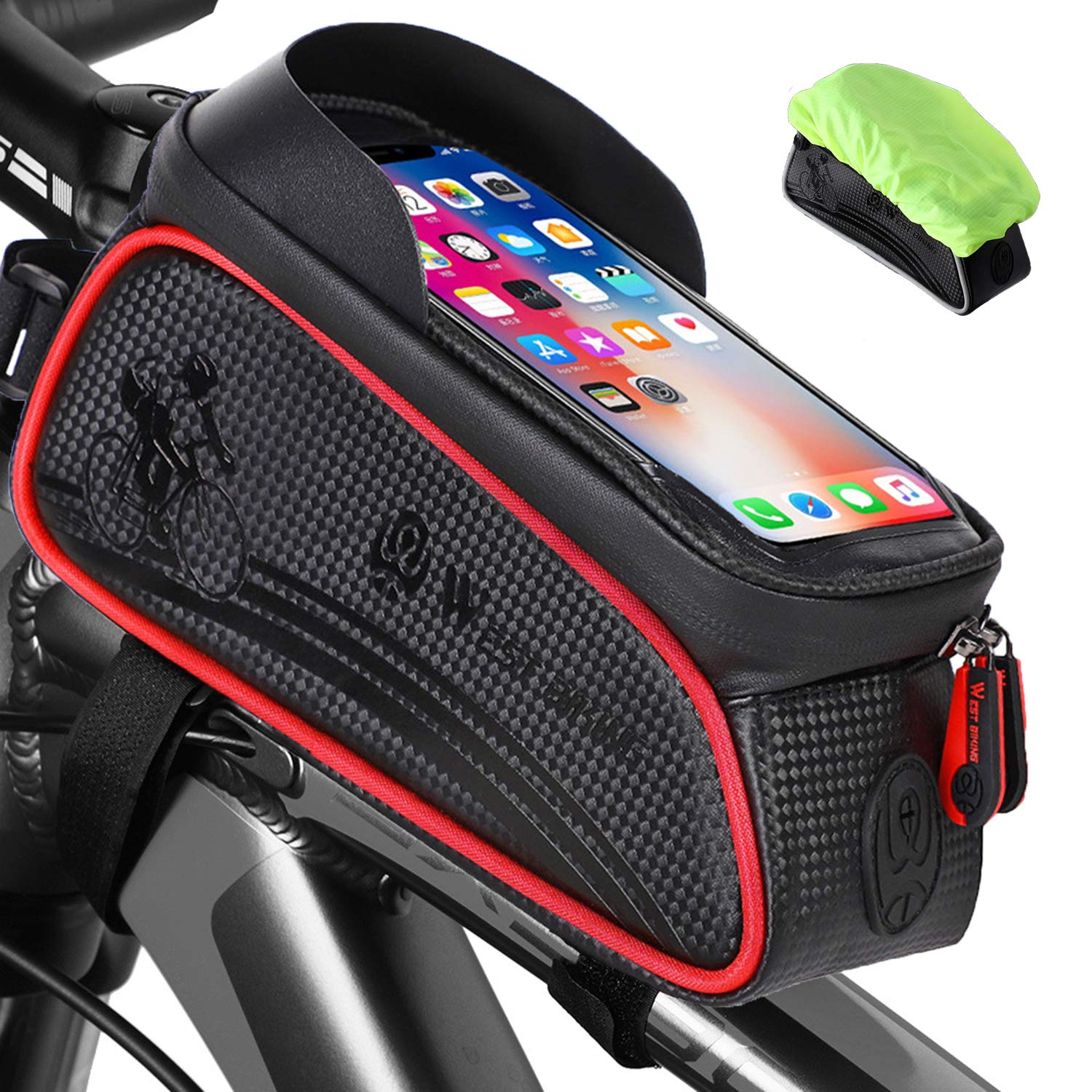 Rosoz Bike Phone Front Frame Bag - Waterproof Handlebar Bag Top Tube Cycling Pouch Phone Holder Case Mount Bicycle Accessories for Android/iPhone Cellphones Under 6.5 Inches