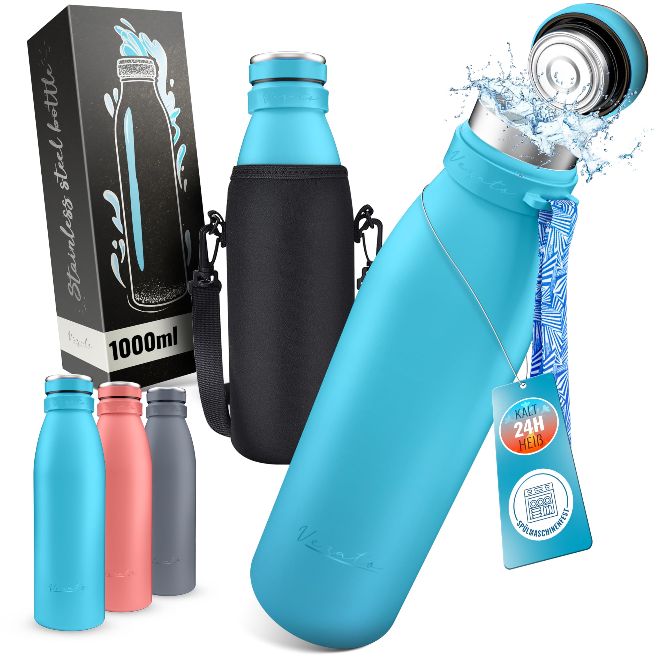 Vezato Drinking Bottle Stainless Steel - BPA-free Insulated Bottle 1 liter - Leak-proof Water Bottle with Double Insulation - Thermos Bottle Dishwasher Safe - Suitable for Carbonic Acid - Sustainable