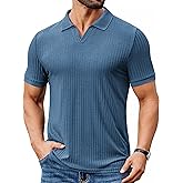 COOFANDY Men's Ribbed Polo Shirts Short Sleeve V Neck Slim Fit Polo T-Shirt Casual Summer Collared Golf Shirt