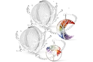 TeaSanavie 7 Chakra Healing Crystal Tea Infuser Set - Reiki Quartz Gemstone Wire Wrapped Crescent Moon & Tree of Life Pendants, Stainless Steel Loose Leaf Tea Steeper