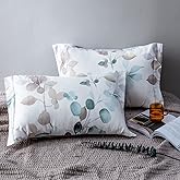 MILDLY 100% Long-Staple Cotton Pillow Shams -Gradient Teal Leaves Pattern Envelope Pillowcases Queen Size 20"x26" 2pcs