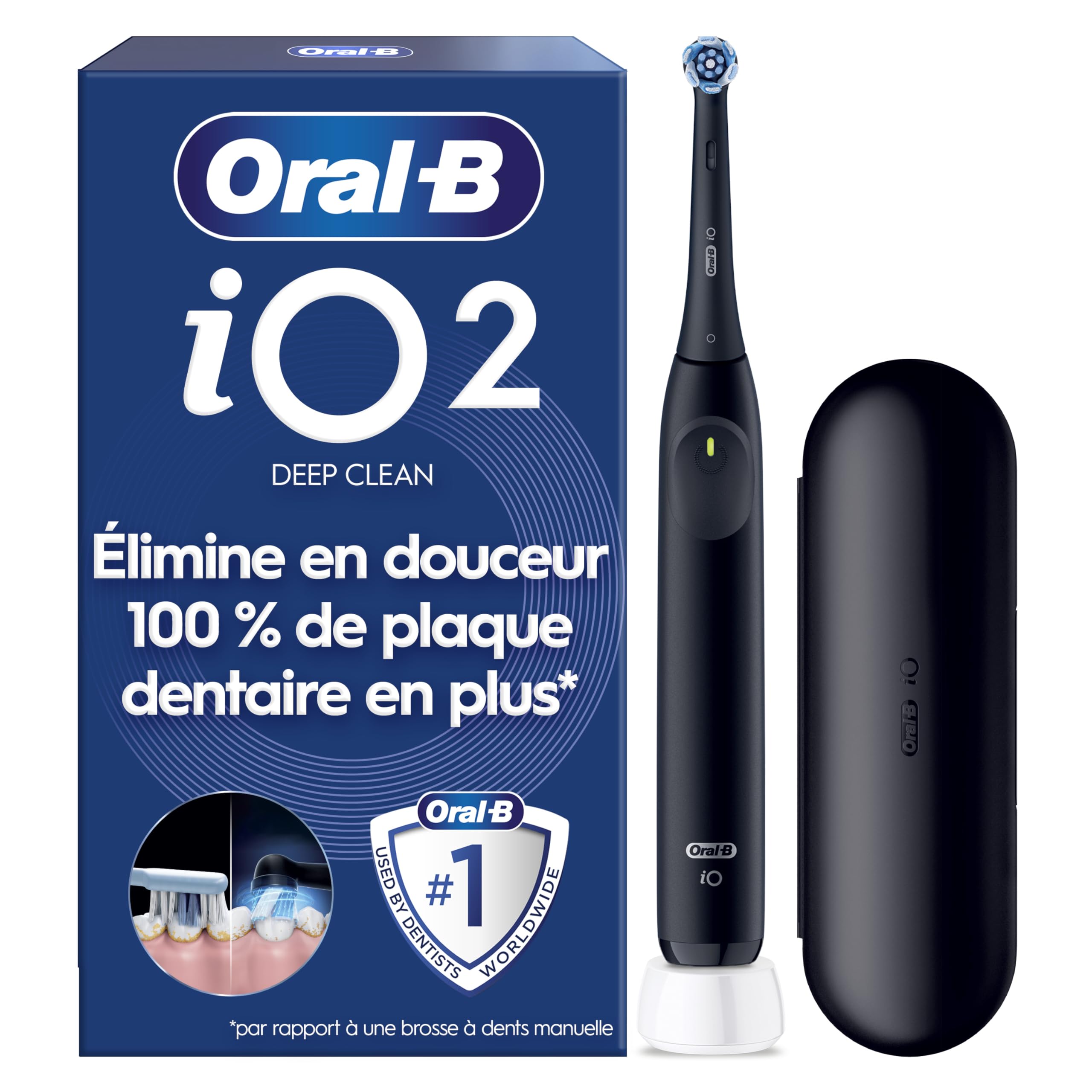 Oral-B Brosse A Dents Electrique iO 2 Noire, 3 Modes De Nettoyage, Brossage Souple Et Silencieux, Capteur De Pression, Brossette Oral B De Rechange, Chargeur, Etui De Voyage