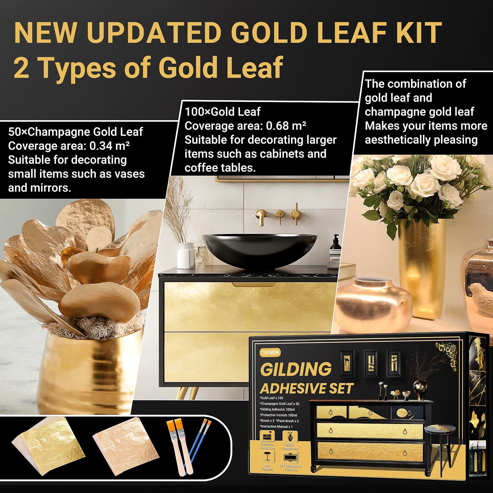 Gilding Adhesive Set, TUFINEIN 3.53oz/100ml Water Based Adhesive and Varnish, Gold Leaf and Champagne Gold Foil Gilding Kit, Furniture & Crafts Decoration, Art Painting, DIY Decorative Painting