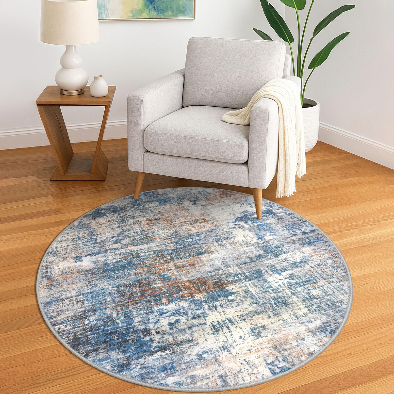 IOHOUZE Round Area Rug 5 Ft Circle Entryway Rugs Round Washable Door Mat Indoor Entrance, Non Slip Circle Front Door Rug, Printed Abstract Faux Wool Floor Carpet for Foyer Porch Sink, Blue Rust Image