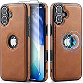 Casus Designed for iPhone 16 Case Compatible with MagSafe Leather Slim Logo View Luxury Elegant Thin Cover with Tempered Glass Screen Protector (2024) 6.1" - Brown