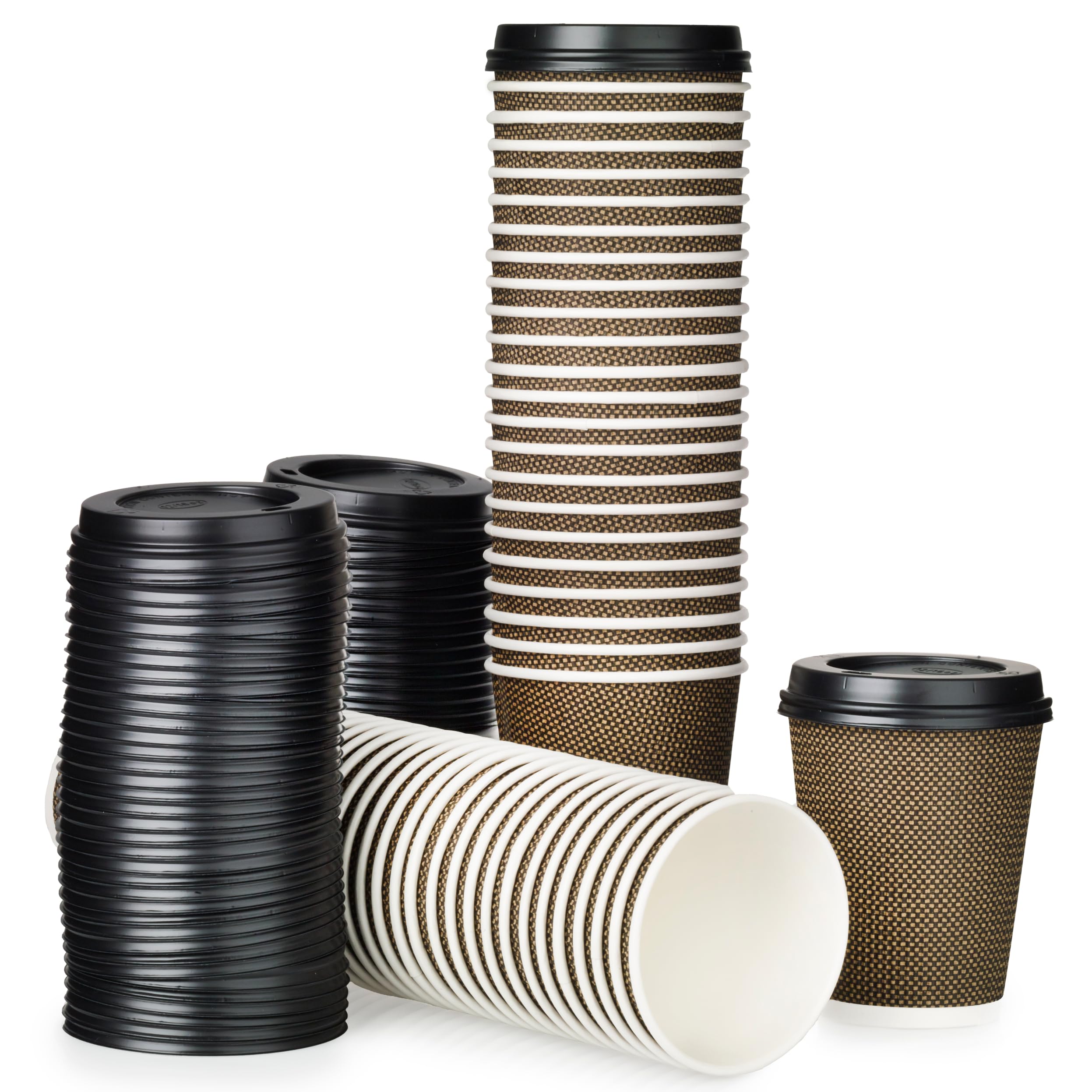 Signature Packaging – Luxury Ripple Insulated Paper Cups with Lids, Disposable for Coffee, Hot Beverages, Leak-Proof for Cafes, and Catering - 12oz Pack of 50 (Black + Gold) Cups with 50 Black Lids