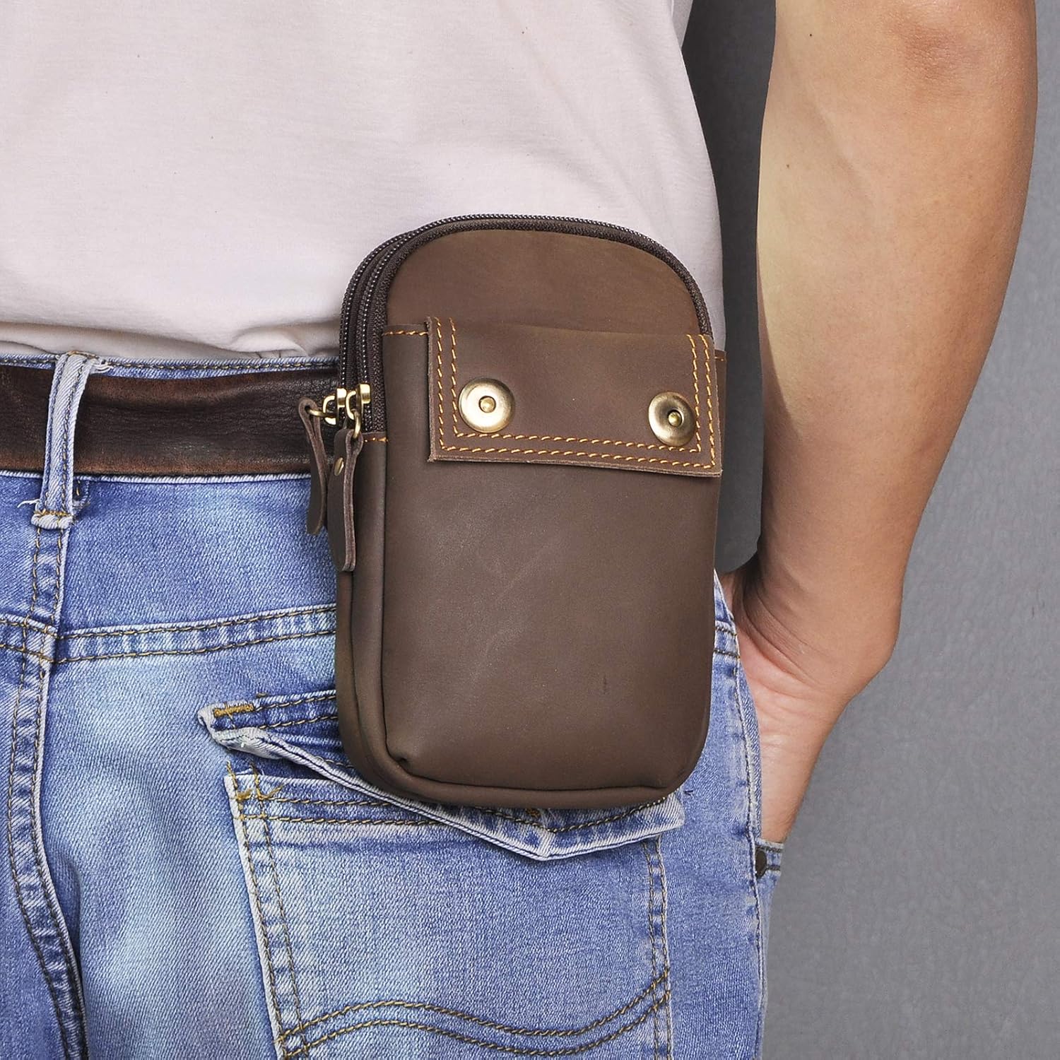 Le'aokuu Mens Genuine Leather Small Hook Waist Bag Hip Bum Pouch Pack Phone Front Bag 009 (009 Brown) - Image 3