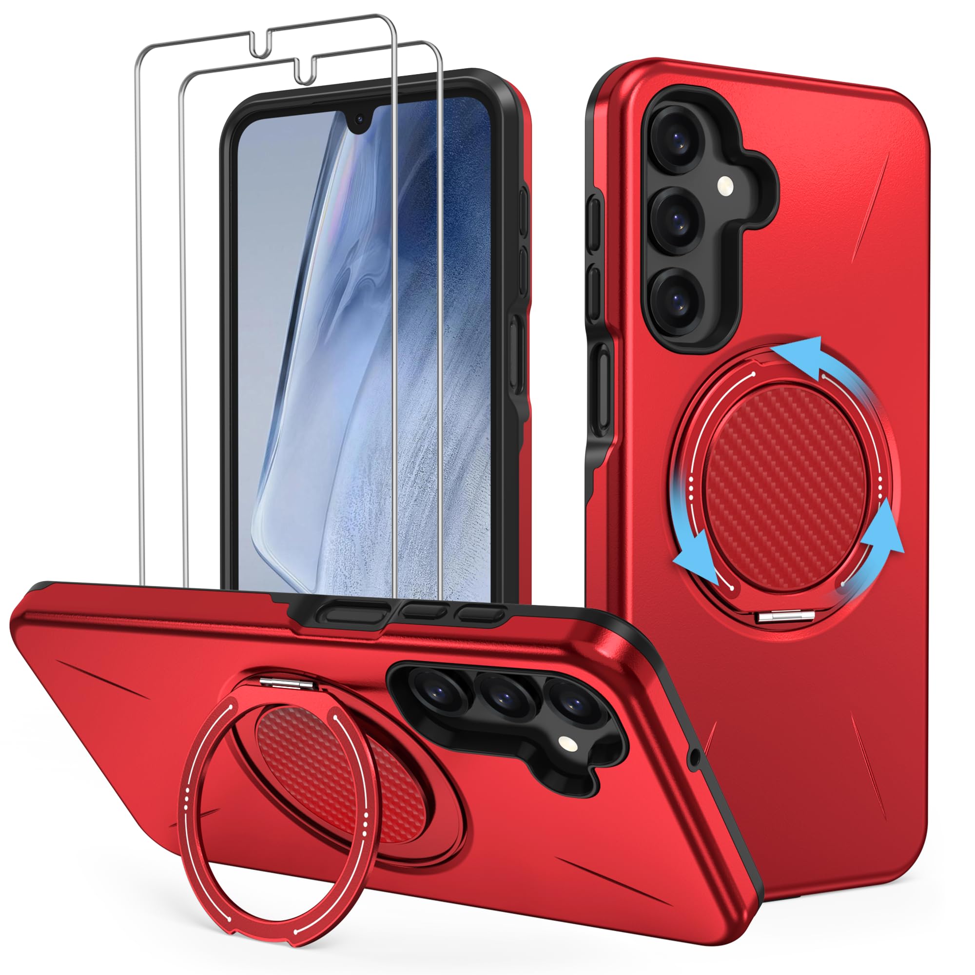 Aropuktek for Samsung Galaxy-A15-5G Phone Case: with 2X Screen Protectors for Samsung A15 Case, Built-in Rotatable Kickstand, Military-Grade Dual-Layer, Slim Fit Shockproof Cover for Galaxy A15, Red